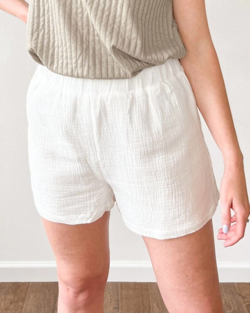 Front of a model wearing a size L Vacay Mode Gauze Short In White in White by Miss Sparkling. | dia_product_style_image_id:356863